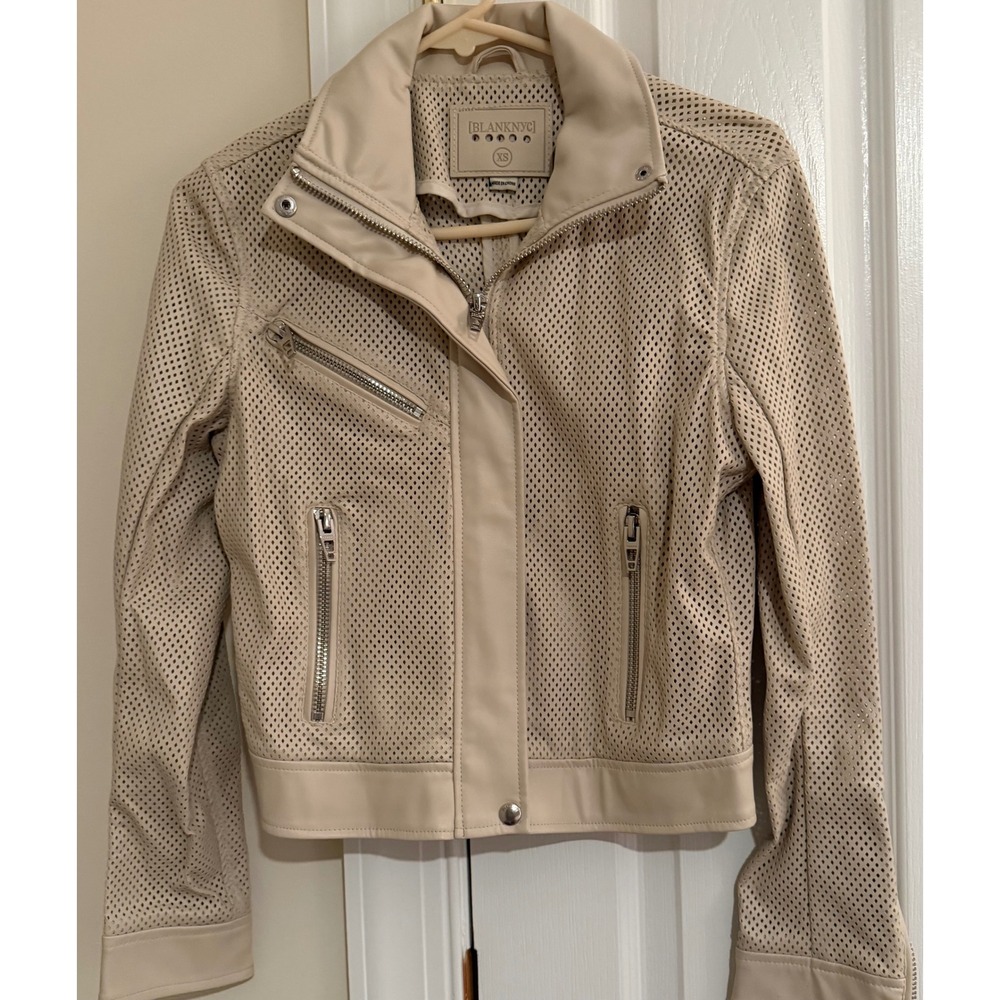 BlankNYC Perforated Faux Leather Moto Jacket Beige Cream XS 01CU5486AP